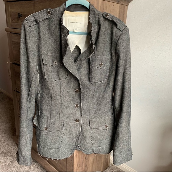 Banana Republic Wool Blend Distressed Herringbone Military Jacket Women Size 16T - Picture 6 of 16
